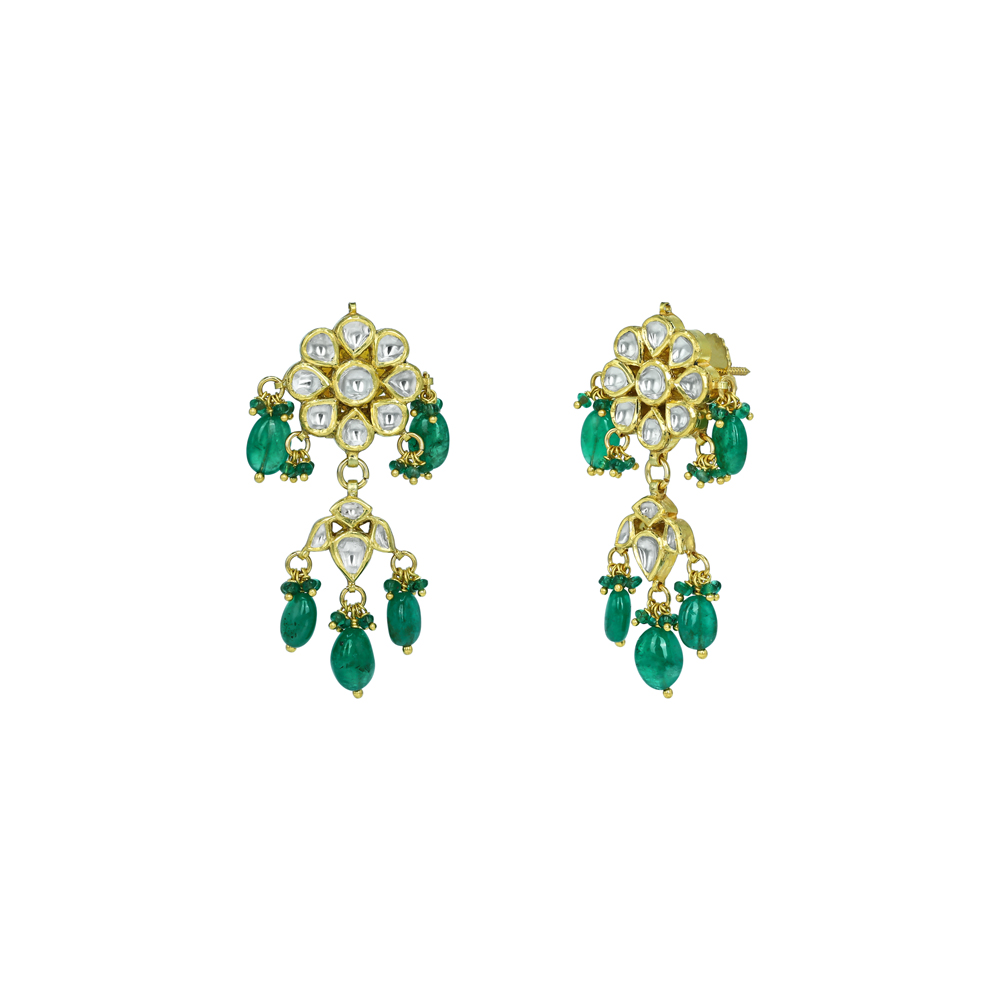 Polki Earrings with Emerald Drops and Intricate Design